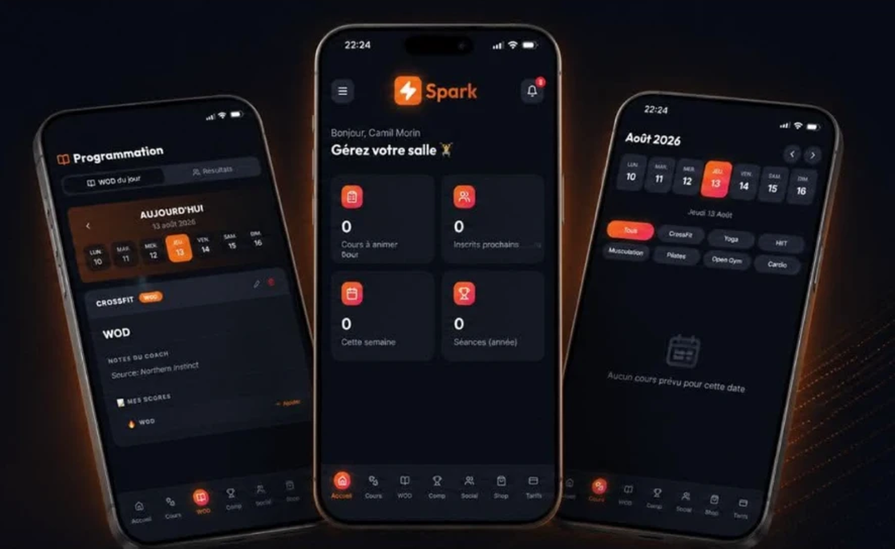 L'application Spark de gestion de gym CrossFit sur trois téléphones